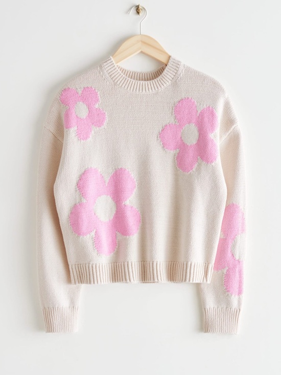 & Other Stories Sweaters - & Other Stories Cotton Cream Crewneck Sweater with Flowers Size Small